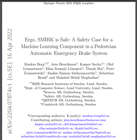 Ergo, SMIRK is Safe: A Safety Case for a Machine Learning Component in a Pedestrian Automatic Emergency Brake System