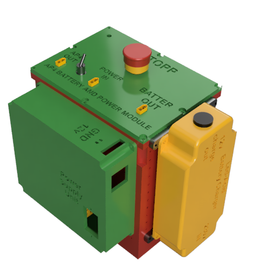 Rendered illustration of the Power module. The main component is the battery holder (red) to which the remaining components are mounted to. The battery holder holds the lead acid battery. The battery charger (yellow) is mounted onto the side. A PSU module (green) is mounted to the side. The power module interface (green) is mounted on top of the battery holder, providing an interface to the power module. An emergency stop, on switch and power connectors.